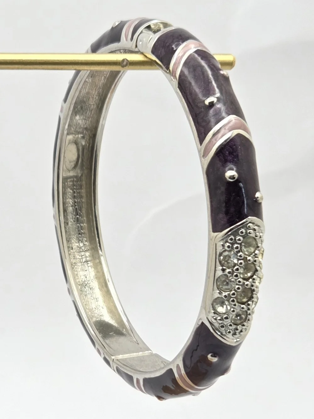 Premier Designs Purple & Pink Enamel Hinged Bangle Silver Tone Rhinestone Accent